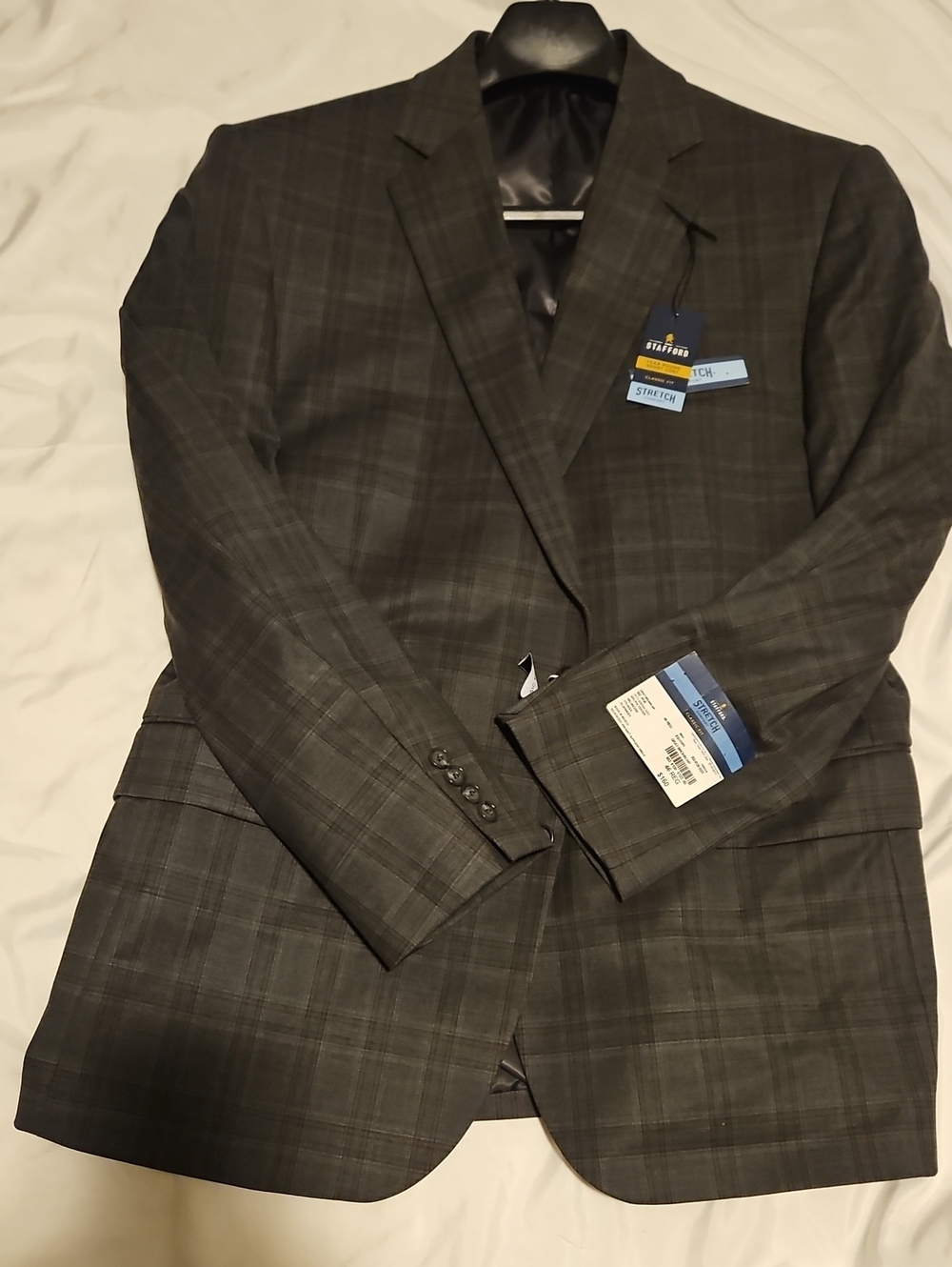 Stafford Dark Gray Brown Plaid Stretch Sport Coat